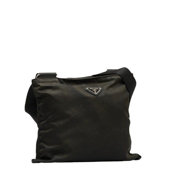 Prada Bag Triangle Shoulder Nylon Black Plate Crossbody - Picture 1 of 13